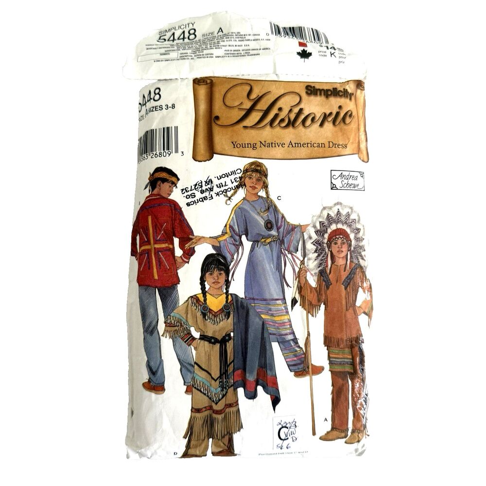 Simplicity 5448 0662 Historic Kids Native American Costume Sewing Pattern Sz 3-8